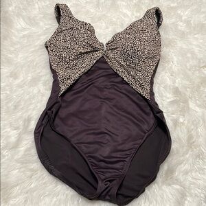 Miraclesuit Brown and Cream One Piece Swimsuit with Plunging V-Neck Sz 14
